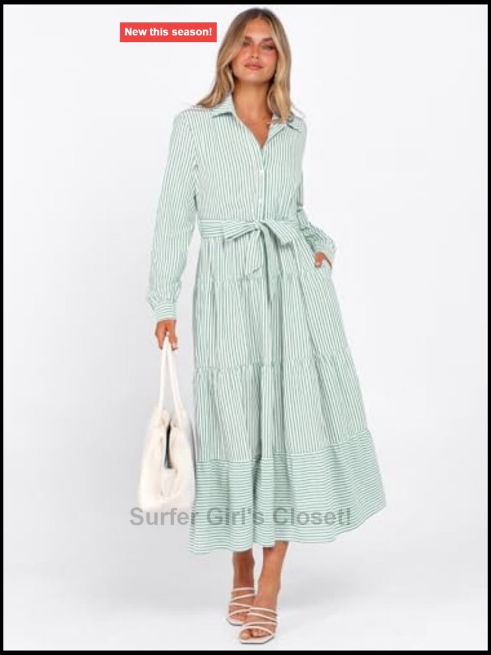 Women's Long Sleeve Striped Flowy Maxi Dress Button Down Ruffle Hem Tie Waist - Picture 2 of 7